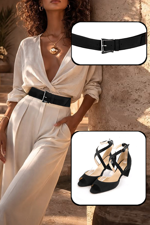 Women's matt black elegant sandals closed at the back with crossed straps. Square toe. Medium comma heels - Worn view